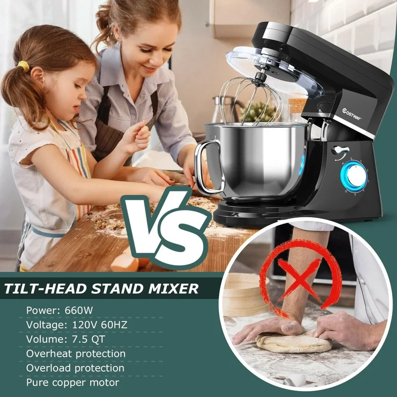 Costway Stand Mixer 96851023，7.5 QT Tilt-Head with Dough Hook Beater,6 Speed 660W