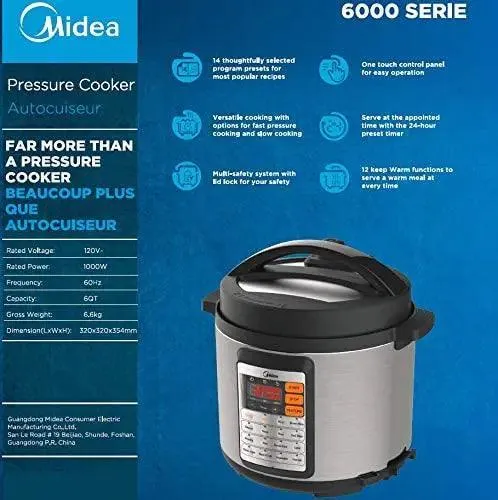 Midea MY-CS6019W Electric Pressure Cooker | 6L | 14-Program | Auto Cook | 110V