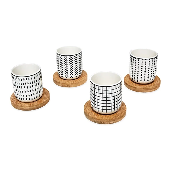 Set de 4 tasses en porcelaine avec soucoupe bambou 10 cl motifs graphiques Mathon