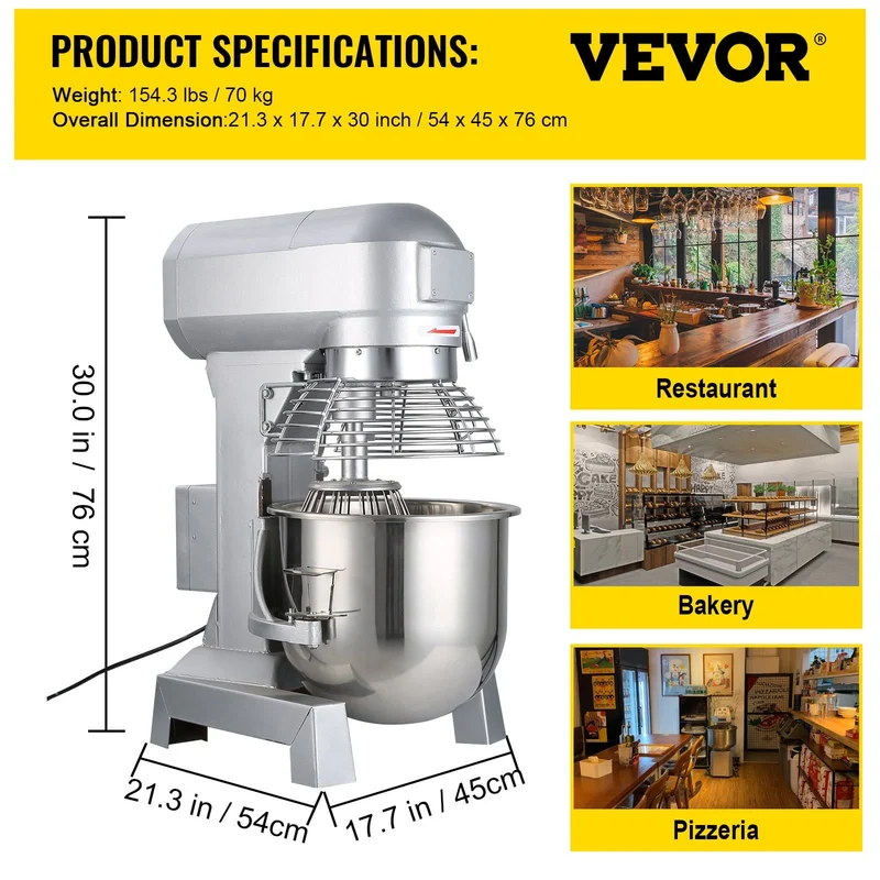 VEVOR Mélangeur de Patisserie Professionnel 1100W à 3 Vitesses Mélangeur Commercial Robot de Cuisine en Acier 30L avec Tige de Mélangeur de Protection Contre les Eclaboussures