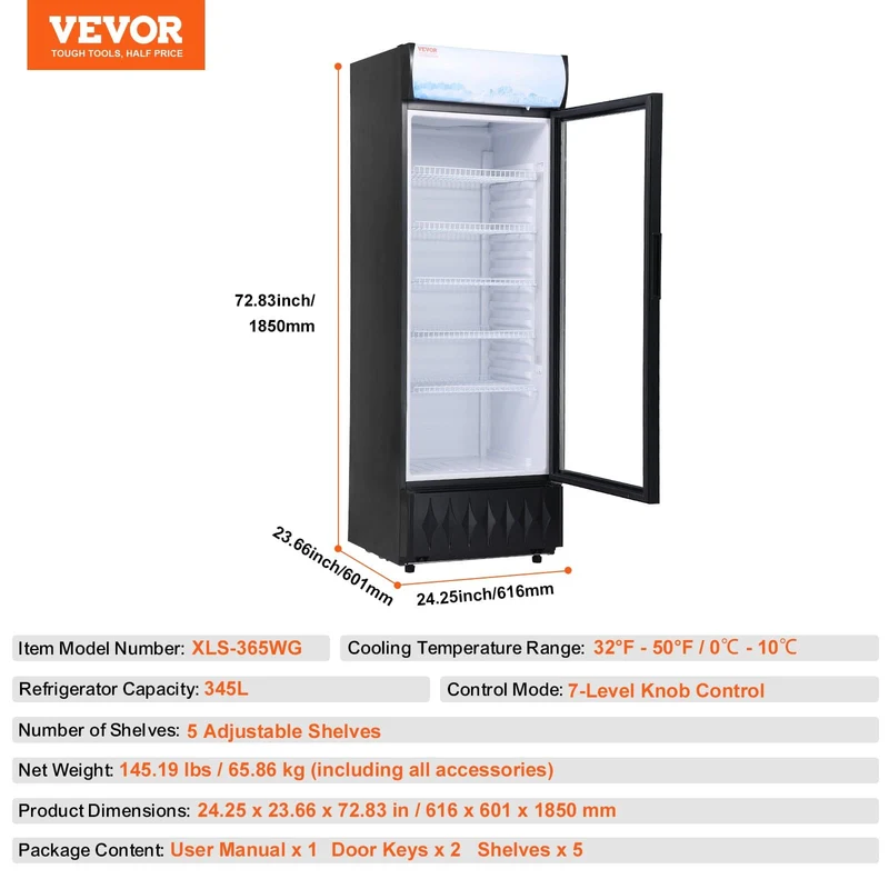 VEVOR Réfrigerateur à Boissons Frigo Vitrine Commercial 345 L 0-10 ℃ 5 Étagères