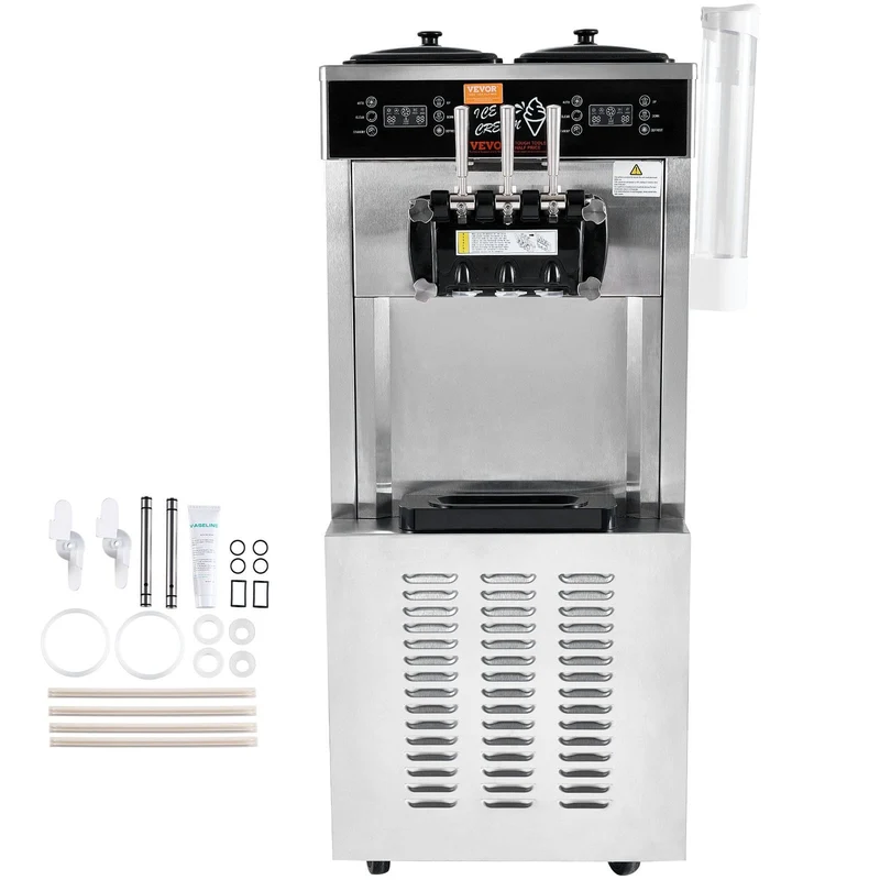 VEVOR Machine à Crème Glacée Commerciale 34-44 L/h 1850 W 3 Saveurs, Machine à Glace Italienne Trémie 2x9 L, Panneau LED, Utilisation à Un Seul Cylindre Disponible, Réfrigération de Nuit, Snack-Bar