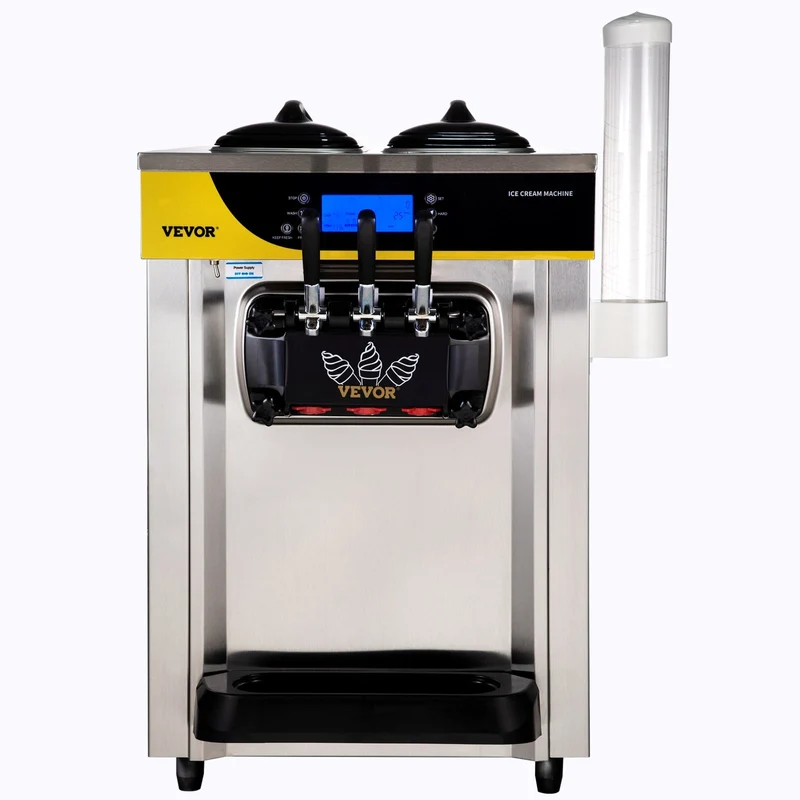 VEVOR Machine à Crème Glacée Molle 22-30L/h Machine à Glace Italienne Commerciale Trémie 6L Sorbetière Glace à l’Italienne Pré-Réfrigération 3 Saveurs Nettoyage en Un Clic Sundae Yaourt Café Snack-Bar