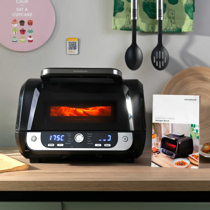 Friteuse à air avec grill, accessoires et livre de recettes InnovaGoods Fryinn 12-en-1 6000 acier noir 3400 W 6 L