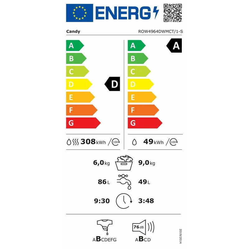 Laveuse - Sécheuse Candy ROW4964DWMCT1S 1400 tr/min 9 kg 6 Kg