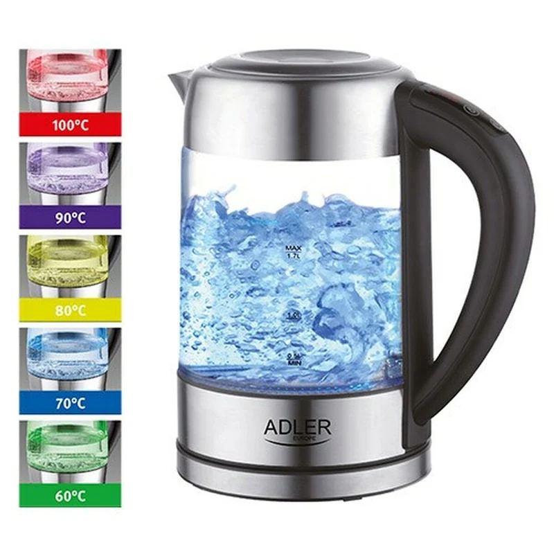 Bouilloire Adler AD 1247 cristal acier gris verre 2200 W 1,7 L